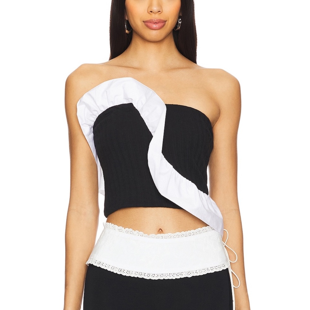 REVOLVE Black and White Strapless Ruffle Crop Top